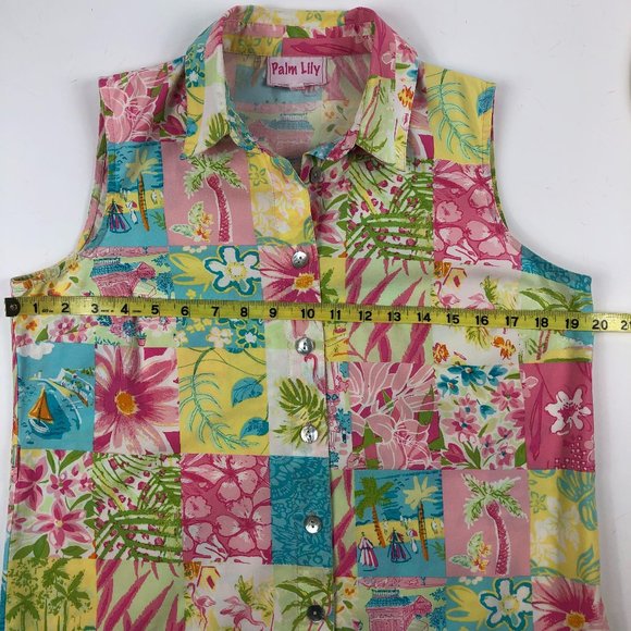 Vintage Palm Lily Cottagecore Sleeveless Boho Patchwork Button Front Shirt Dress - Picture 6 of 16